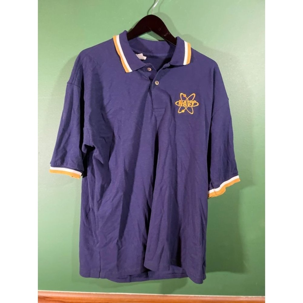 Navy - Men's Blue White/Gold Trim Logo Polo Shirt - Size L